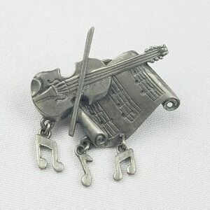 Vintage LCD brooch pin silver tone music notes Chello charms musicen